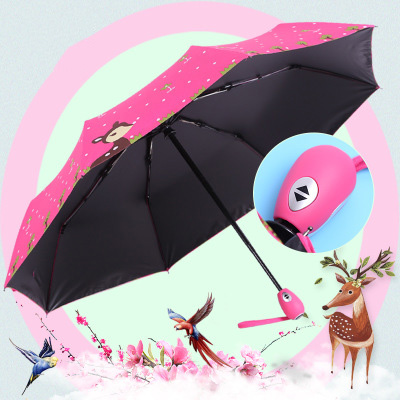 三折小鹿黑膠傘自收自開(kāi)晴雨兩用傘創(chuàng)意禮品防曬遮陽(yáng)傘